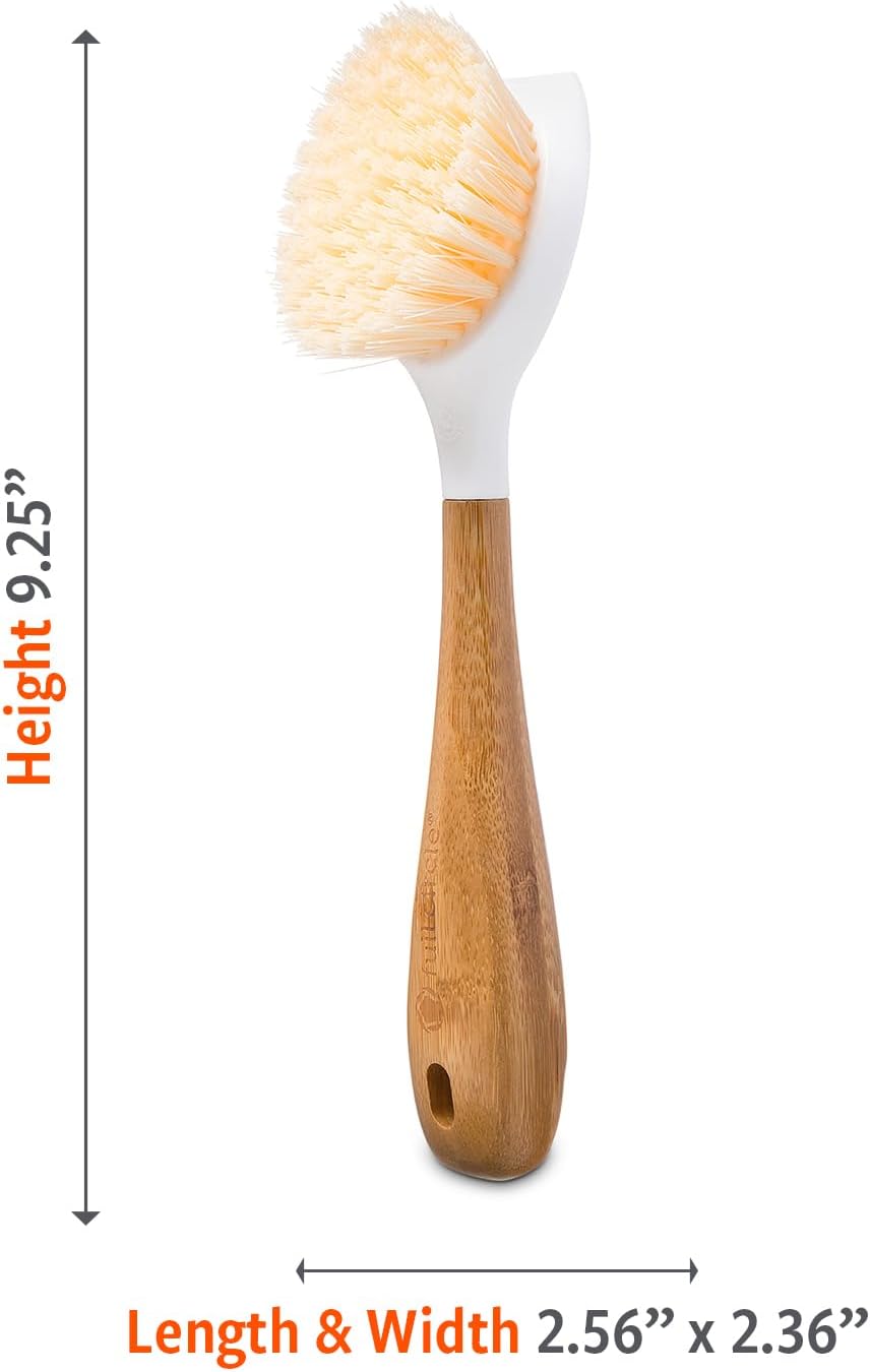 Kitchen Dish Brush, Bamboo Handle & Strong Bristles, White 1pk