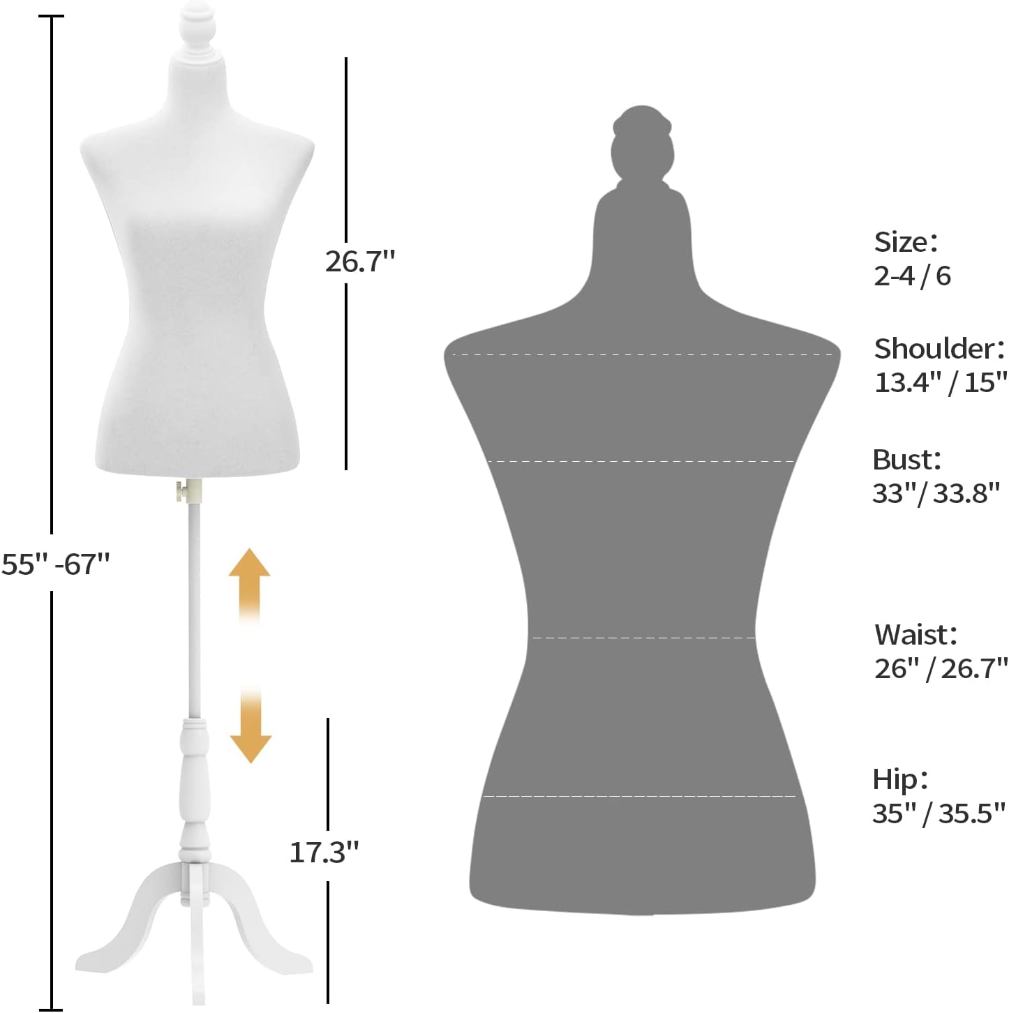 Female Dress Form Pinnable Mannequin Body Torso with Wooden Tripod Base Stand (White, 2-4)