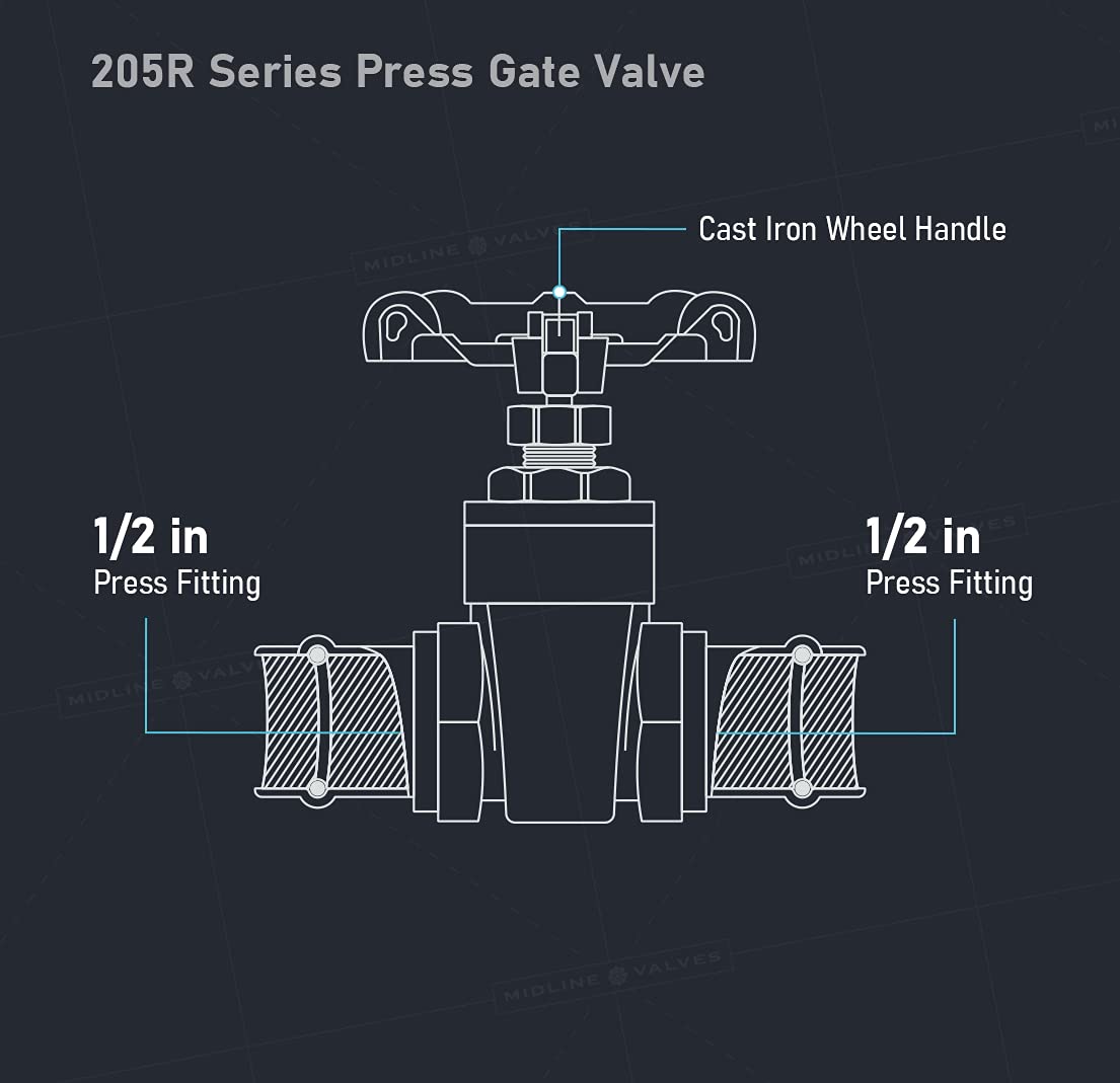Midline Valve Press Gate Valve, 1/2”, Brass (5 Pack)