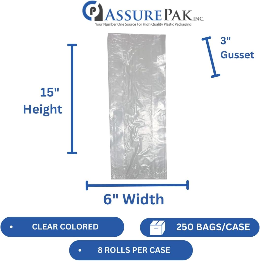 Clear Poly Bags, 6" x 3" x 15", 1 Mil, 2000 Count, 8 Rolls