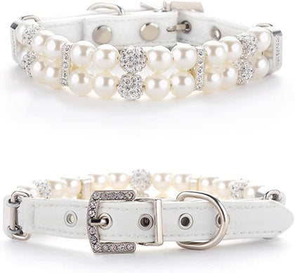 Dog Cat Pearl Collars with Crystal Rhinestone PU Leather Collars Necklace Adjustable CollarDog Chain Cat White Pearl