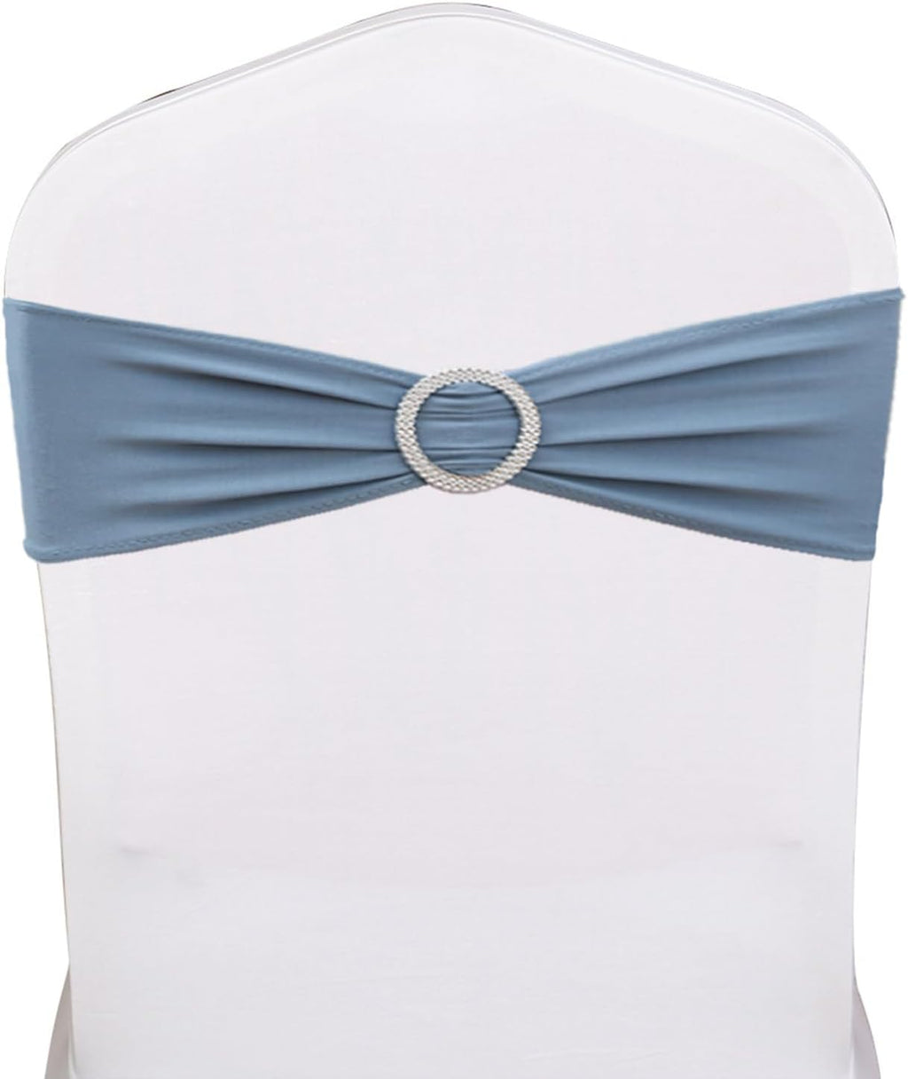 Pack of 50PCS Spandex Dusty Blue Chair Sashes Bows Elastic Chair Cover Bands Slider Buckles for Wedding Reception
