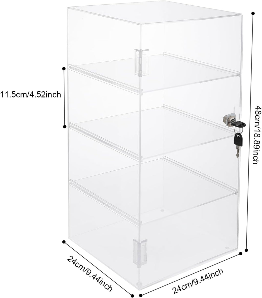 4 Shelf Acrylic Display Case with Lock, Clear Locking Countertop Showcase | Clear Acrylic Countertop Display Case for