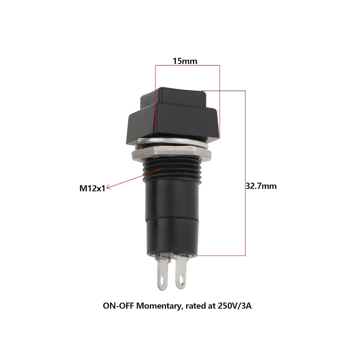 10pcs 12mm On Off Momentary Square Push Button Switch SPST Momentary Push Button Switch 250V/3A for Auto Electronics, Black White Yellow Green Red