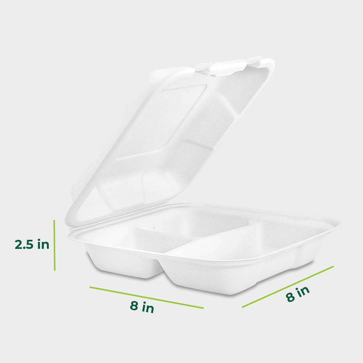 Compostable Clamshell Food Containers [8x8"] 3-Compartment 50-Pack, Disposable Containers, Biodegradable Sugarcane to
