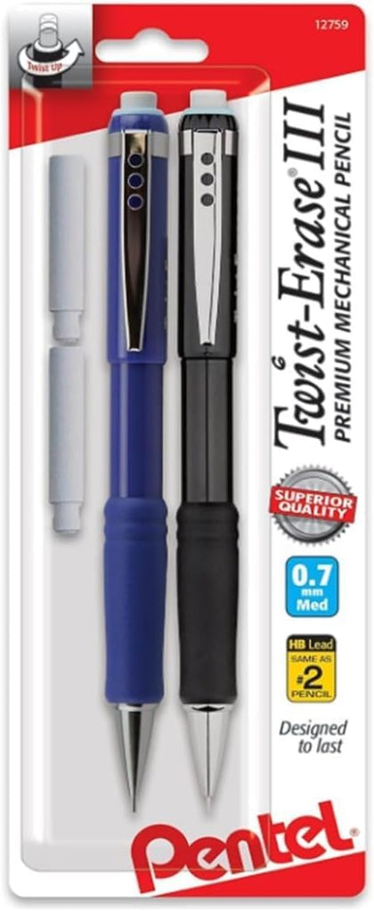Twist-Erase III Mechanical Pencil, (0.7mm), Assorted Barrel Colors with 2 Eraser Refills, Pack of 2 (QE517BP2)