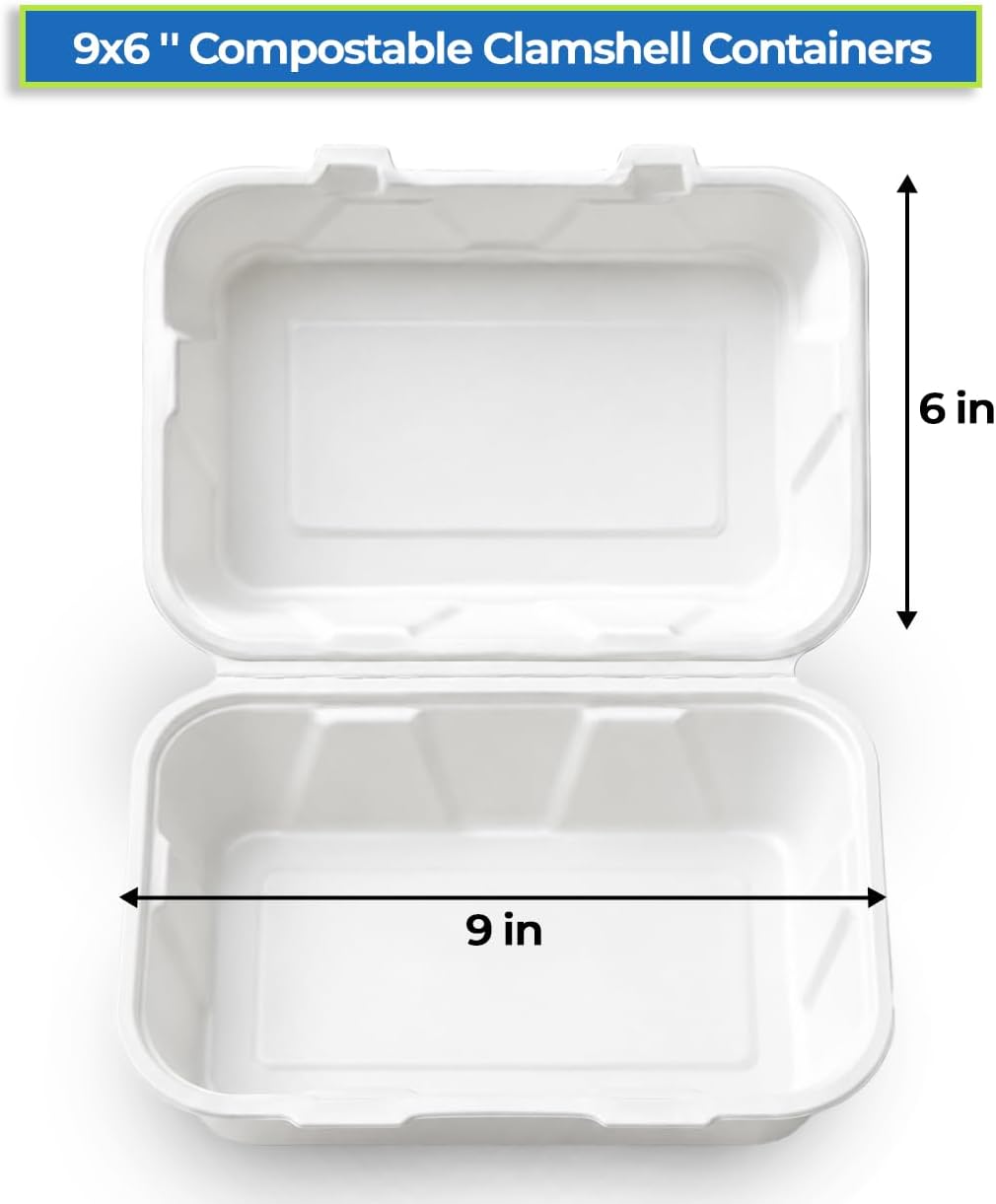 . 9x6 '' Compostable Clamshell Containers, 100 Pack, Eco-Friendly Disposable Takeout Food Boxes, Biodegradable To-Go