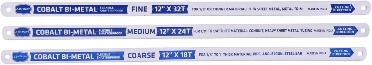 Century Drill & Tool 04433 Cobalt Bi-Metal Hacksaw Blade Set, 3 Piece, 12-Inch