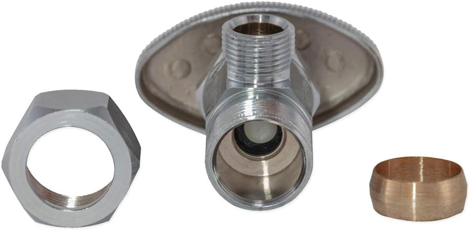 Multi-Turn Angle Stop Valve with Nut and Sleeve, 3/8 Inch OD x 5/8 Inch OD, Chrome Plate, 48290LF