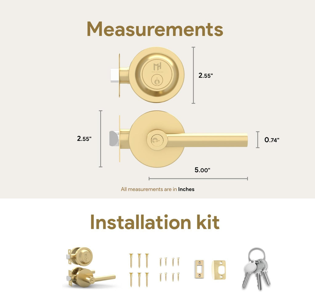 Ronn Entry Combo (1 Pack), Door Handle with Lock, Satin Brass | Satin Brass, Entry Combo Door Handle, Deadbolt Lock