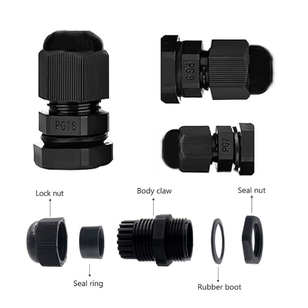 Long Thread Nylon Cable Gland Waterproof Adjustable 3-13mm Cable Connectors PG7 PG9 PG11 PG13.5 PG16 Plastic Cable Gland Joints Wire Protectors IP68 Plastic Cord Grip - 10Pack