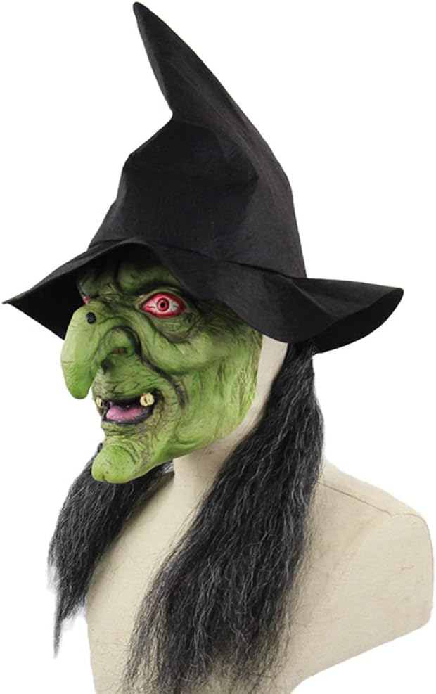 Halloween Scary Green Old Woman Hag Witch Mask with Hair Hat | Horrific Old Witch Evil Mask Horror Face Zombie Dress