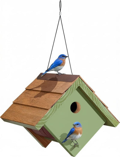 Large Cedar Bluebird House for Outside - Bamboo Shingles Roof Birdhouse for Bluebirds - Weather Proof Metal Protected