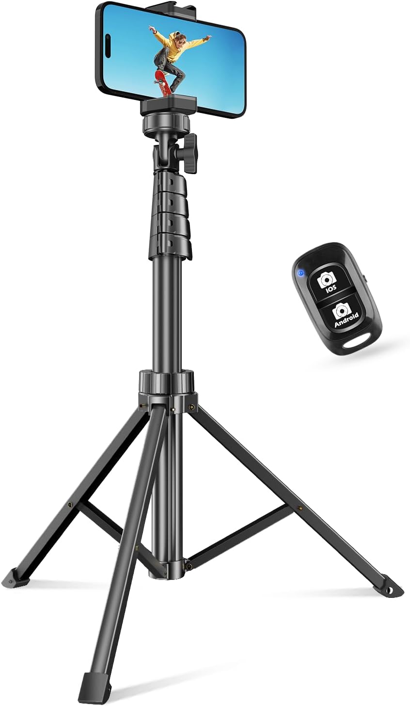 62" Phone Tripod for iPhone, Extendable Selfie Stick Tripod Stand with Wireless Remote and Phone Holder, Cell Phone
