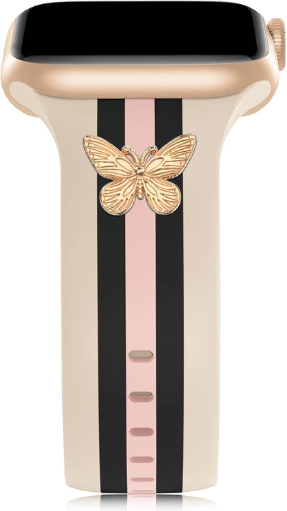 Designer Band with Charms Decor Compatible with Apple Watch Band Women Men | Stylish Silicone Sport Watch Bands for