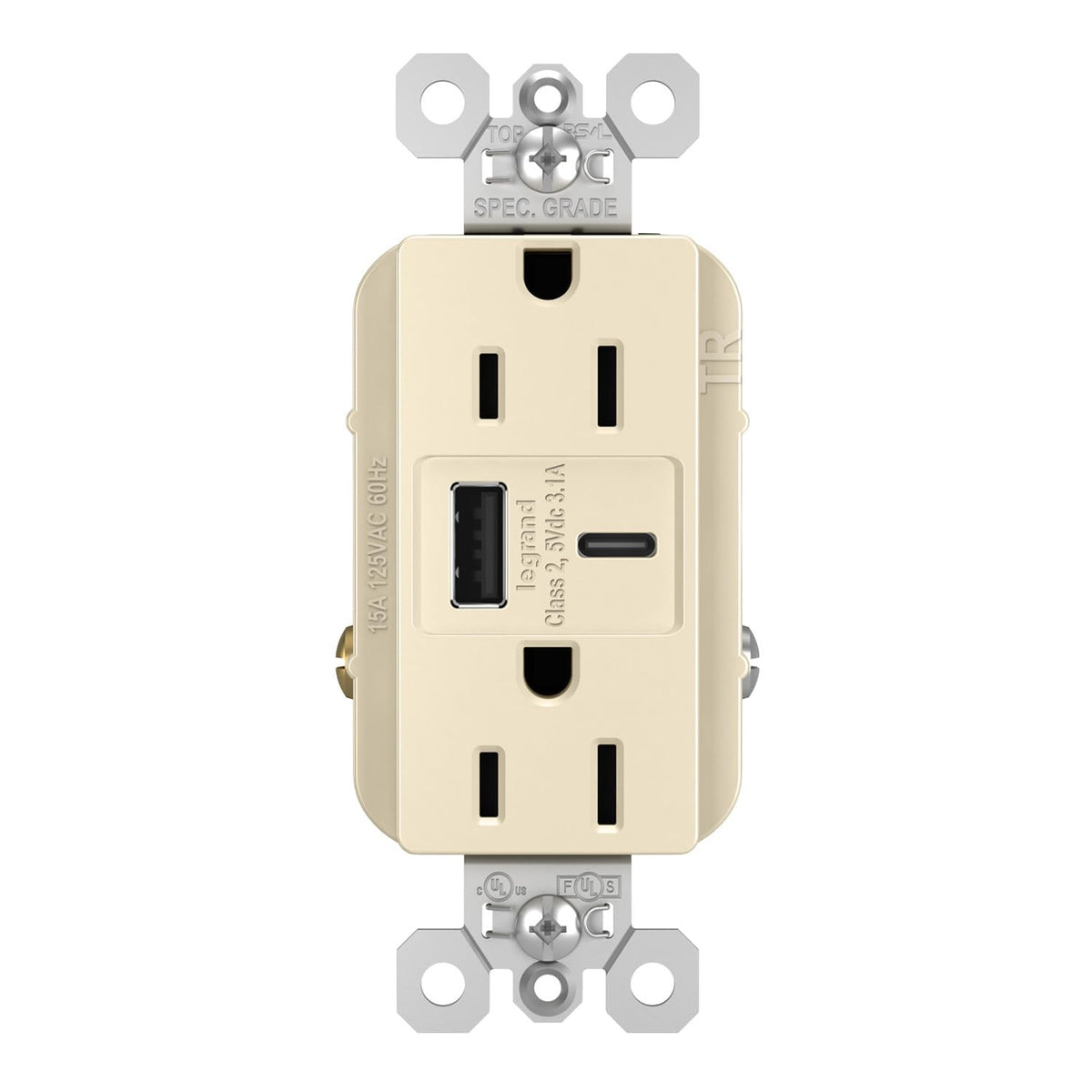 Legrand 15 Amp TR Spec Grade Outlet USB Type A/C Light Almond 1Pack