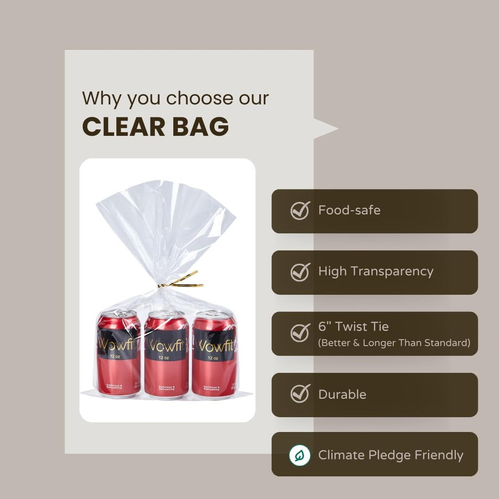10x16 Large Clear Cellophane Gift Bags, 50 CT, 6" Gold Twist Ties