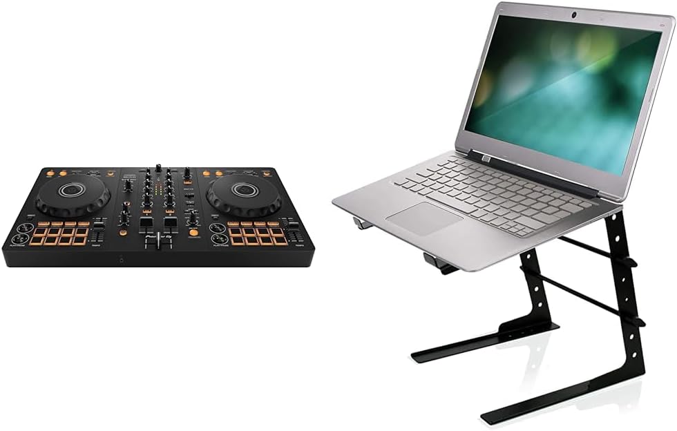 DDJ-FLX4 2-deck Rekordbox and Serato DJ Controller - Graphite & Pyle Portable Adjustable Laptop Stand - 6.3 to 10.9