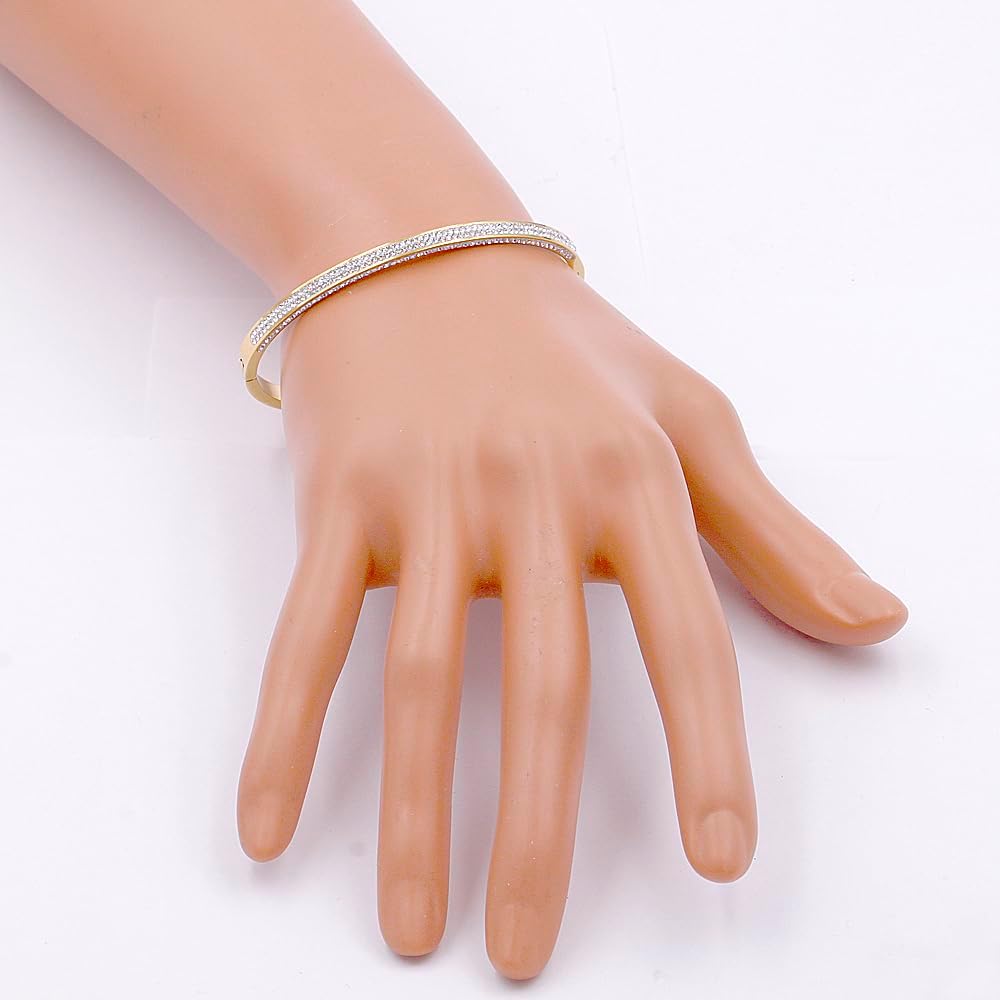 Gold Plated Stainless Steel with CZ Stones Hinged Bangle 6mm Width Bracelets fow Women 7"