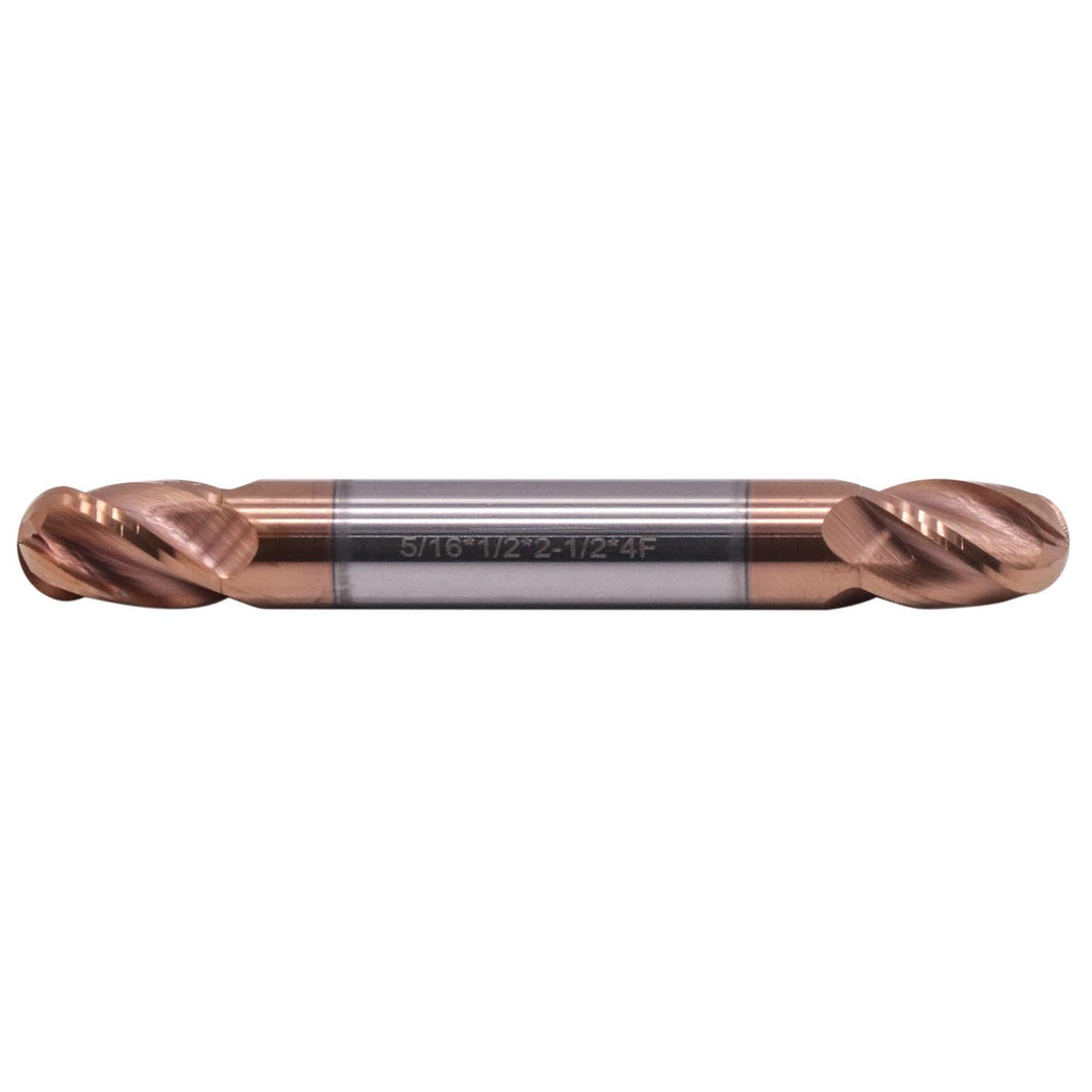5/16" 4 Flute Solid Carbide Ball Nose End Mill, Double End, TiSiN Coated