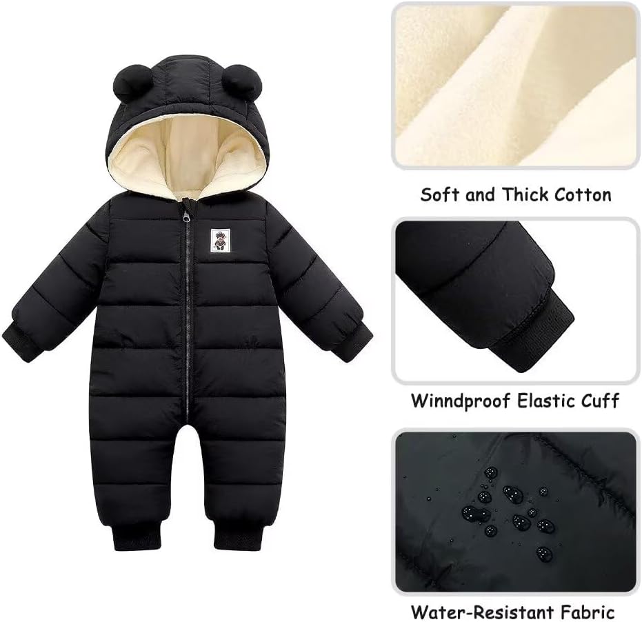Baby Boys Girls Snowsuit Newborn Cozy Winter Coat Infant Bear Hooded Jumpsuit Toddler Snow Outfit for 0-24 Months