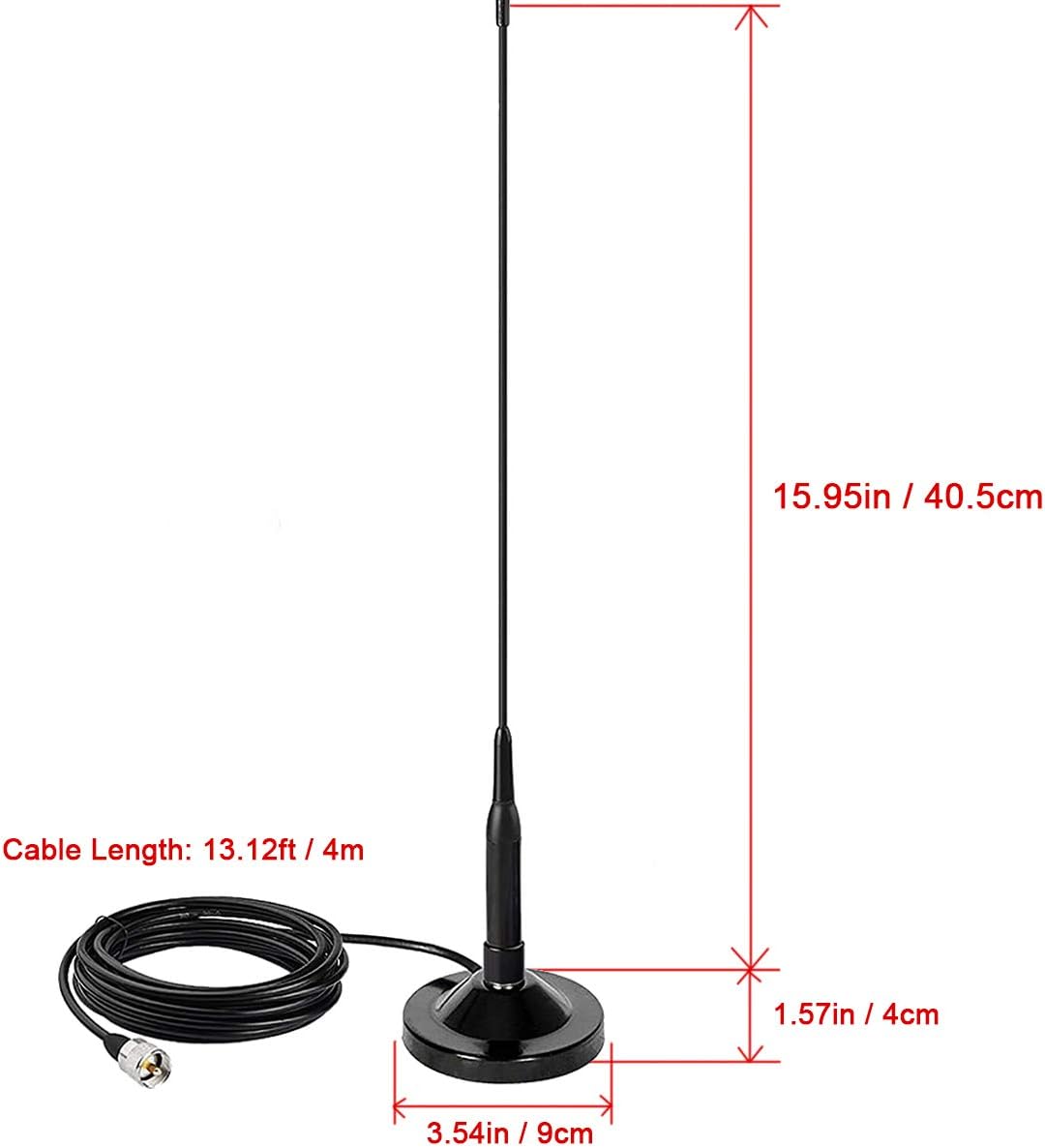 Mobile Radio Antenna Dual Band, Magnetic Mount Base w/PL259 Male Connector | VHF/UHF 136-174MHz/400-470MHz for