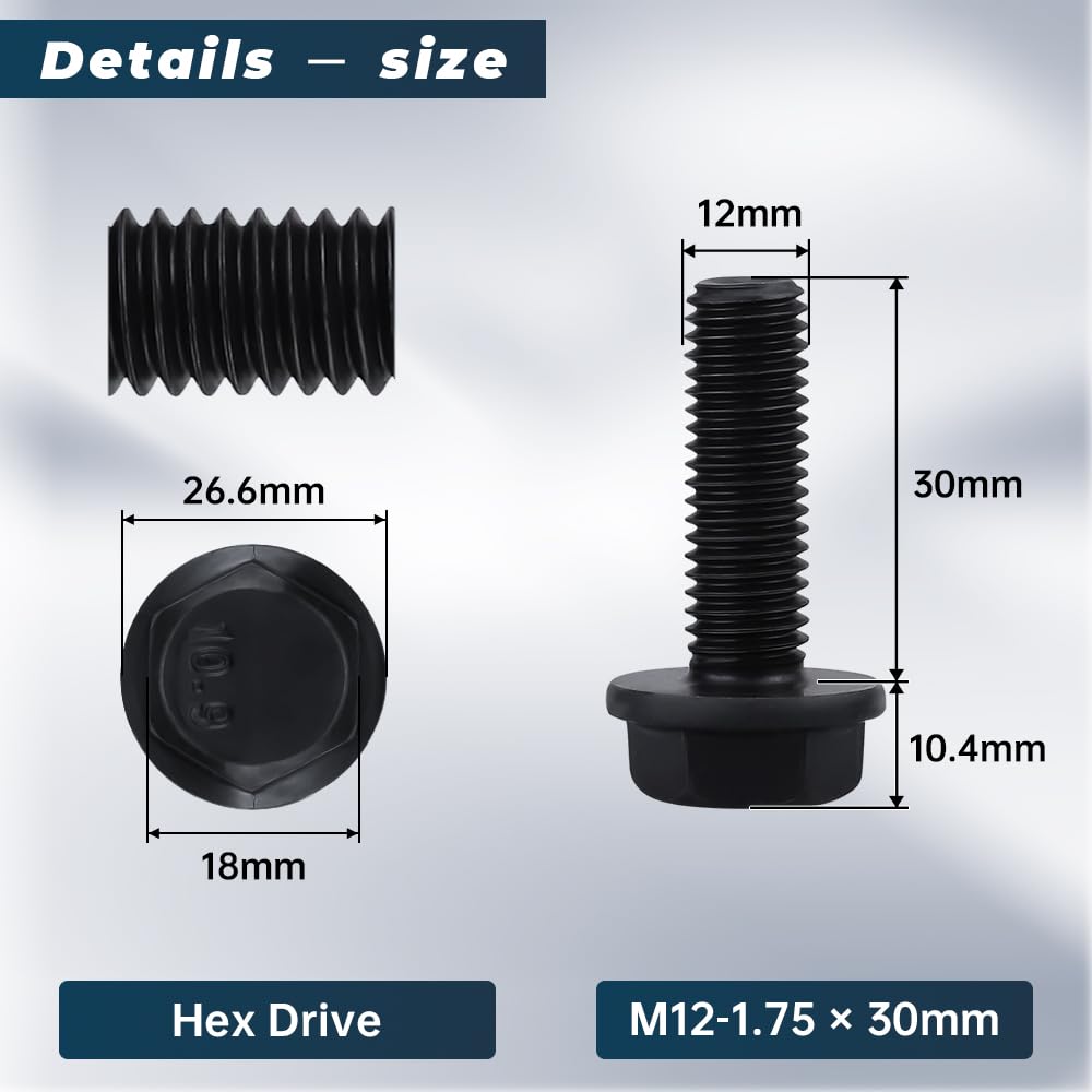 Glvaner M12-1.75 x 30mm (8 pcs) Alloy Steel Flanged Washer Head Hex Bolts, Extra-Large Washer Head, 10.9 Grade Black Oxide Finish GB5789 Full Thread