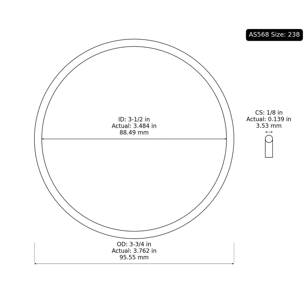 10 PK AS-238 Buna-N O-Ring, 70A 3-1/2" ID, 3-3/4" OD, 1/8" Width, Black