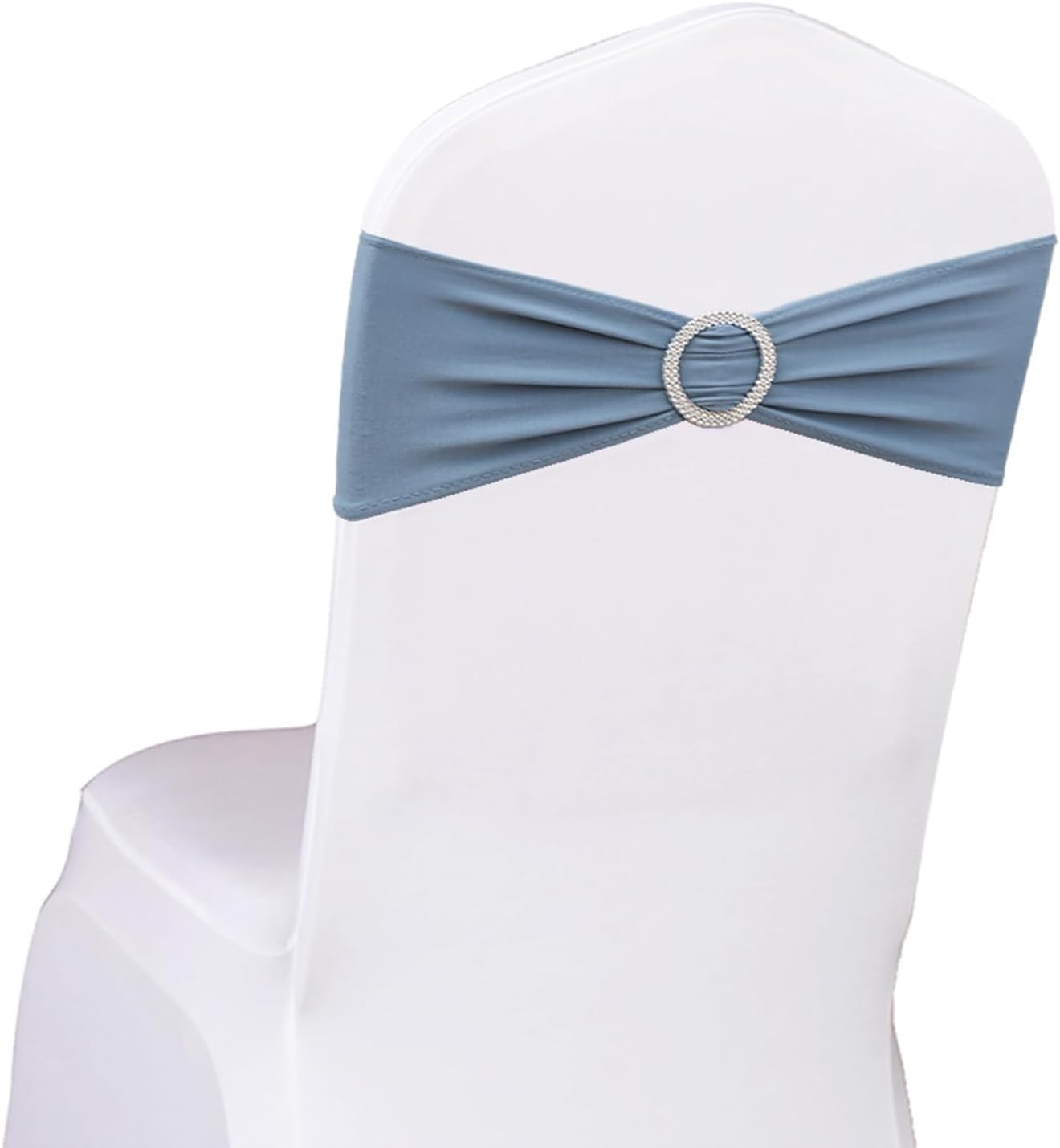 Pack of 50PCS Spandex Dusty Blue Chair Sashes Bows Elastic Chair Cover Bands Slider Buckles for Wedding Reception