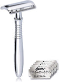 Classic 3-Piece Metal Double Edge Eco Safety Razor Long Handle Wet Shaving Kit for Men Women with 5 Platinum Blades