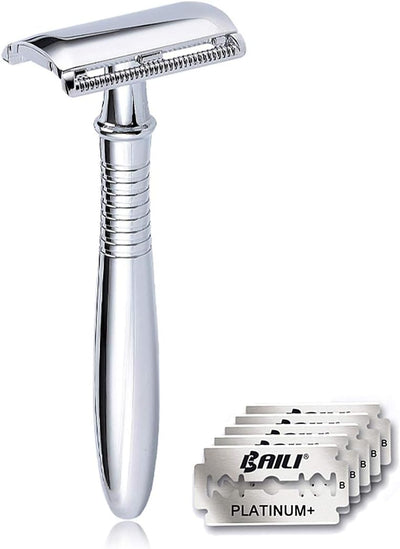 Classic 3-Piece Metal Double Edge Eco Safety Razor Long Handle Wet Shaving Kit for Men Women with 5 Platinum Blades