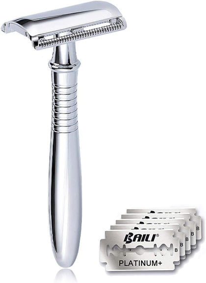 Classic 3-Piece Metal Double Edge Eco Safety Razor Long Handle Wet Shaving Kit for Men Women with 5 Platinum Blades