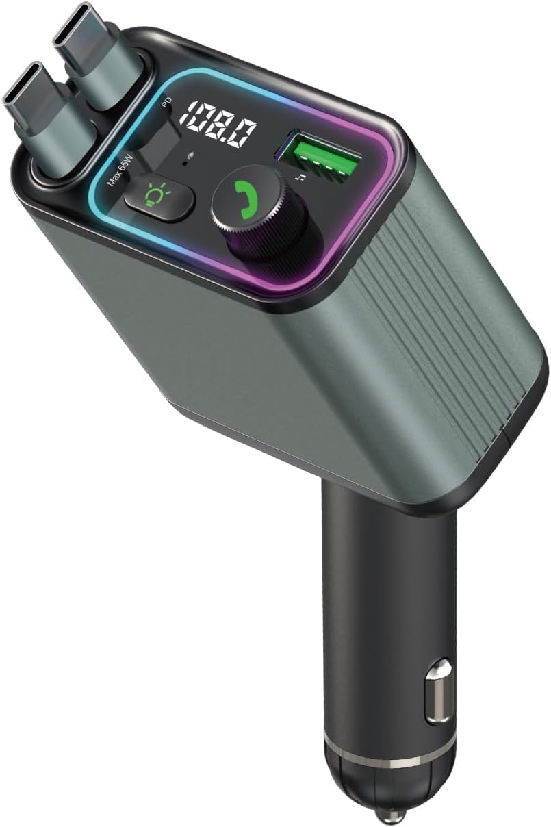 3 in 1 Retractable Car Charger Adapter & FM Transmitter Bluetooth Mp3 Player- Max 65W + 18W with 2 PD Fast Charging,2