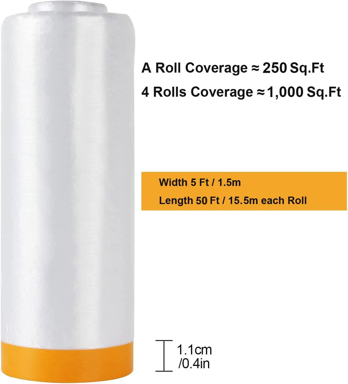 MARNER 4 Rolls Clear Plastic Sheeting 4.9Ft X 65.5 Ft Pre-Taped Masking Film Drop Cloths for Painting, Automotive