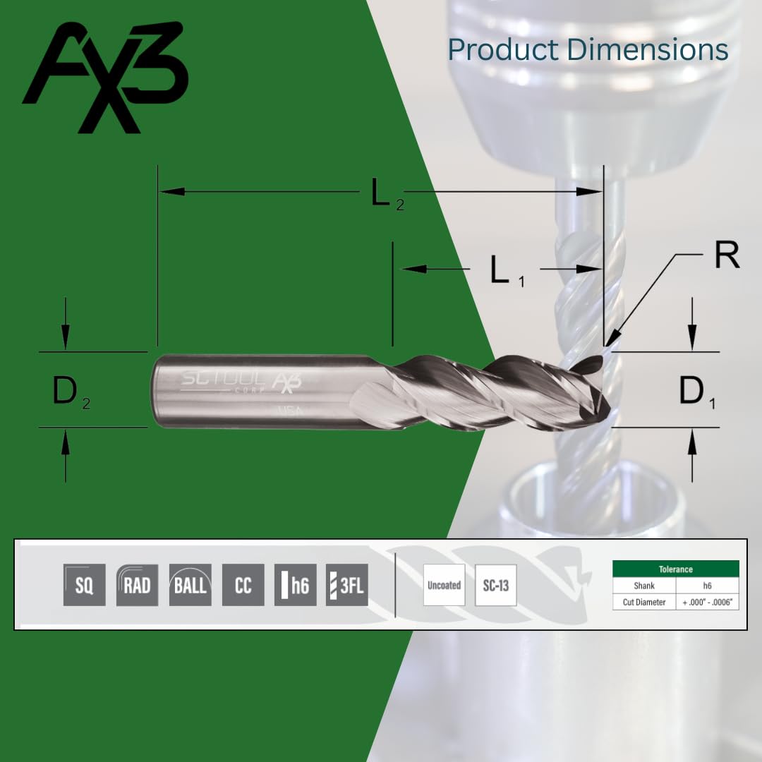 AX3 3-Flute 5/8" Carbide End Mill .030 CR 1-1/4" LOC | Uncoated SCT10219