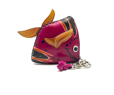Handmade Vintage Genuine Leather 3D Animal Fish Money Coin Purse with wrist strap; Removable strap (Pink)