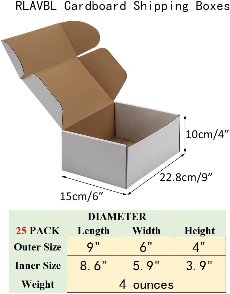 9x6x4 Inches Shipping Boxes Set of 25, White Corrugated Cardboard Box, Mailer Boxes for Packing Small Business