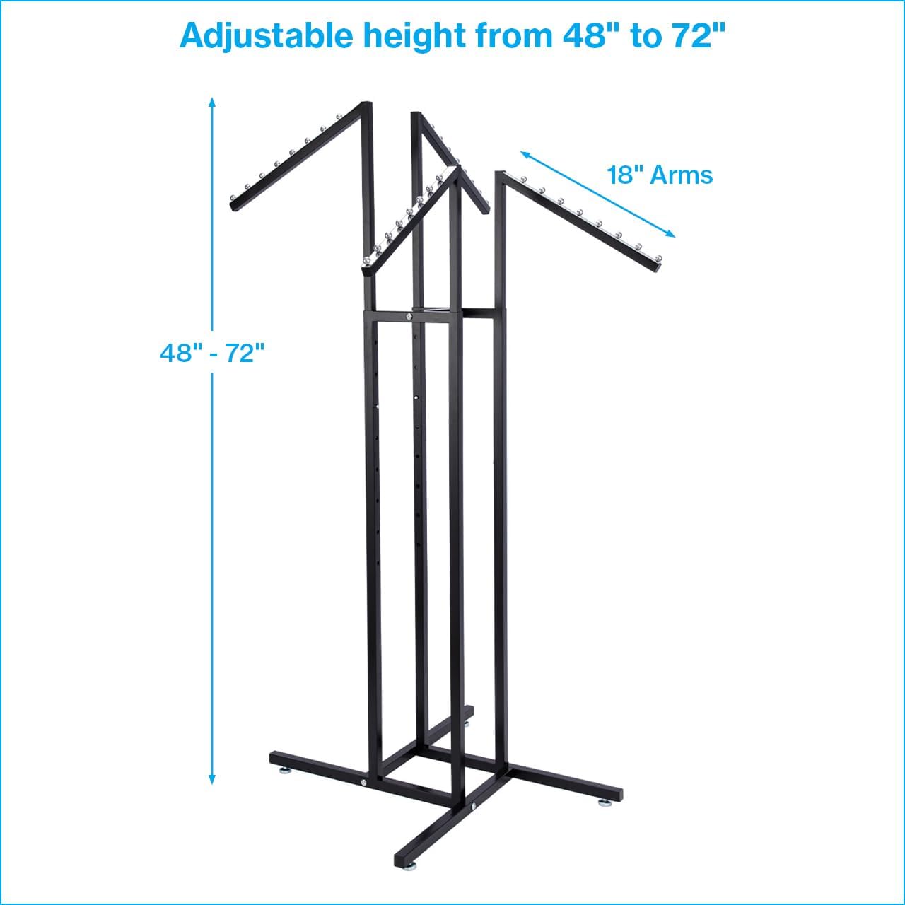 Black 4 Way Adjustable Clothing Rack with Slanted Arms - Retail Clothing Rack Display - Adjustable Height Arms from