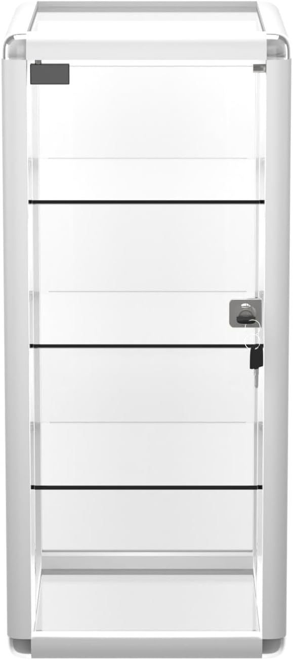 14" W x 27" H x 12" D, Silver Aluminum Tempered Glass Top Display Case with Lock, Key and 3 Glass Shelves for Retail