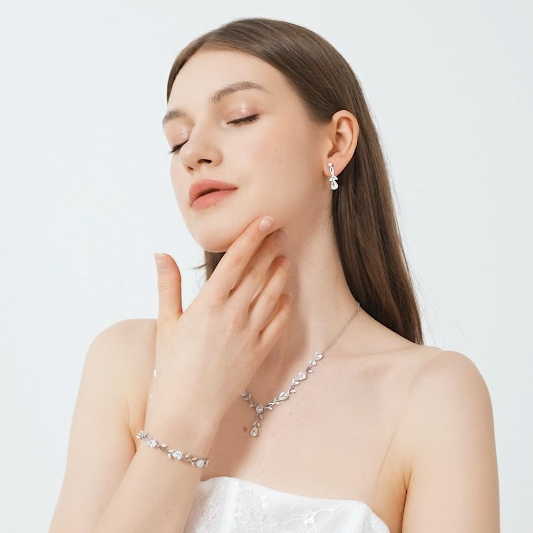 Wedding Jewelry Sets for Bride Bridesmaid Women Cubic Zirconia Necklace Earrings Bracelet Set Gift for Mother Friend