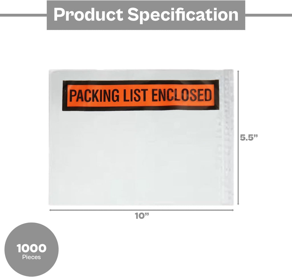 PSBM 1000 PCS, 5.5 x 10 Inch, Panel Face Back Side Load Packing List Envelopes, Orange/Black Printed for Invoices &