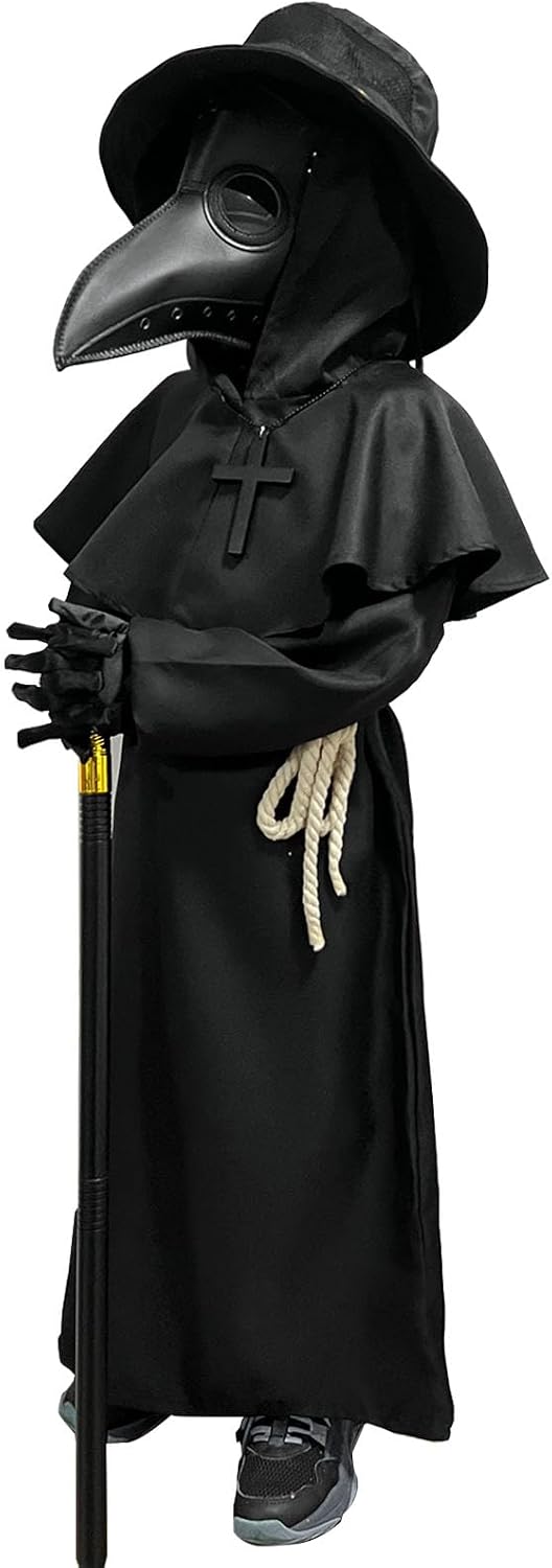 Plague Doctor Costume Kids Scary Halloween Costumes Outfits 130 | Halloween Mask Hat Cane Robe Hood Goves