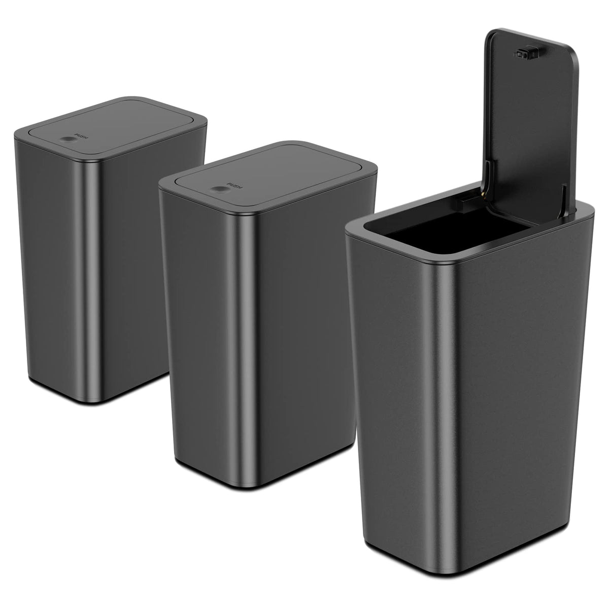 NETDOT 3 Pack 10 L/2.6 Gal Bathroom & Kitchen Trash Can with Press Type Lid, Black Slim Garbage Cans for Bathroom