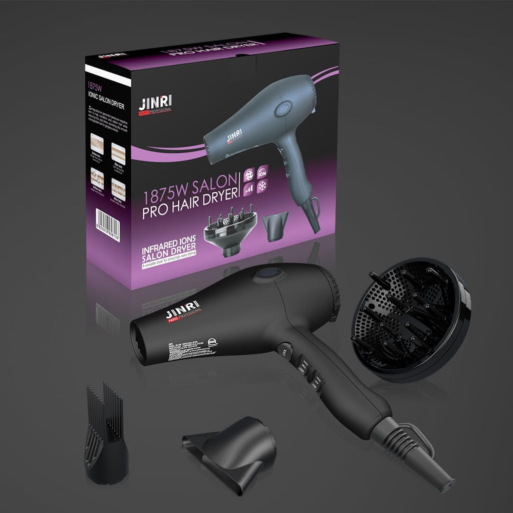 Hair Dryer, 1875W, 3 Heat & 2 Speed, with Diffuser, with Concentrator, Detachable Air Intake, Ionic Technology &