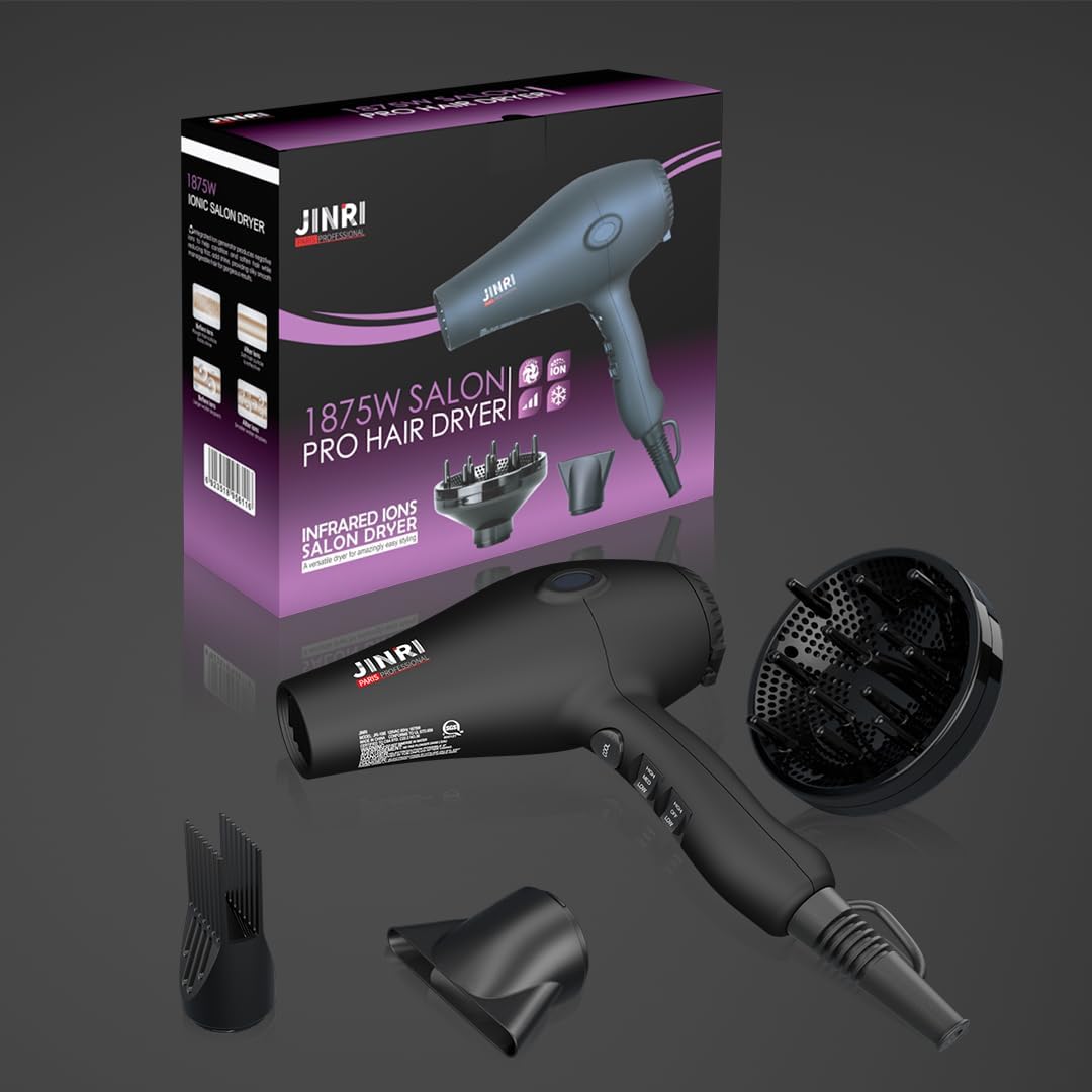 Hair Dryer, 1875W, 3 Heat & 2 Speed, with Diffuser, with Concentrator, Detachable Air Intake, Ionic Technology &