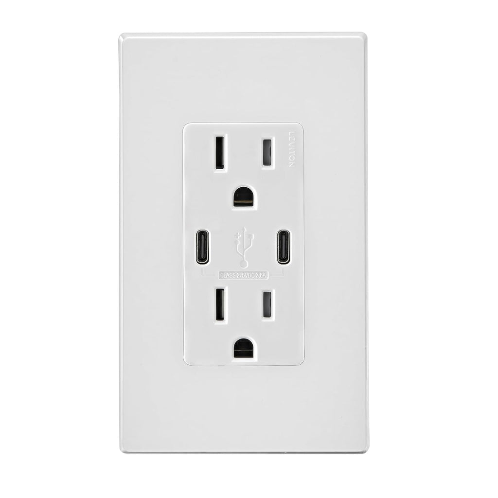 Leviton Decora 18W USB-C Wall Outlet, 15A TR Receptacle UCC15-W White