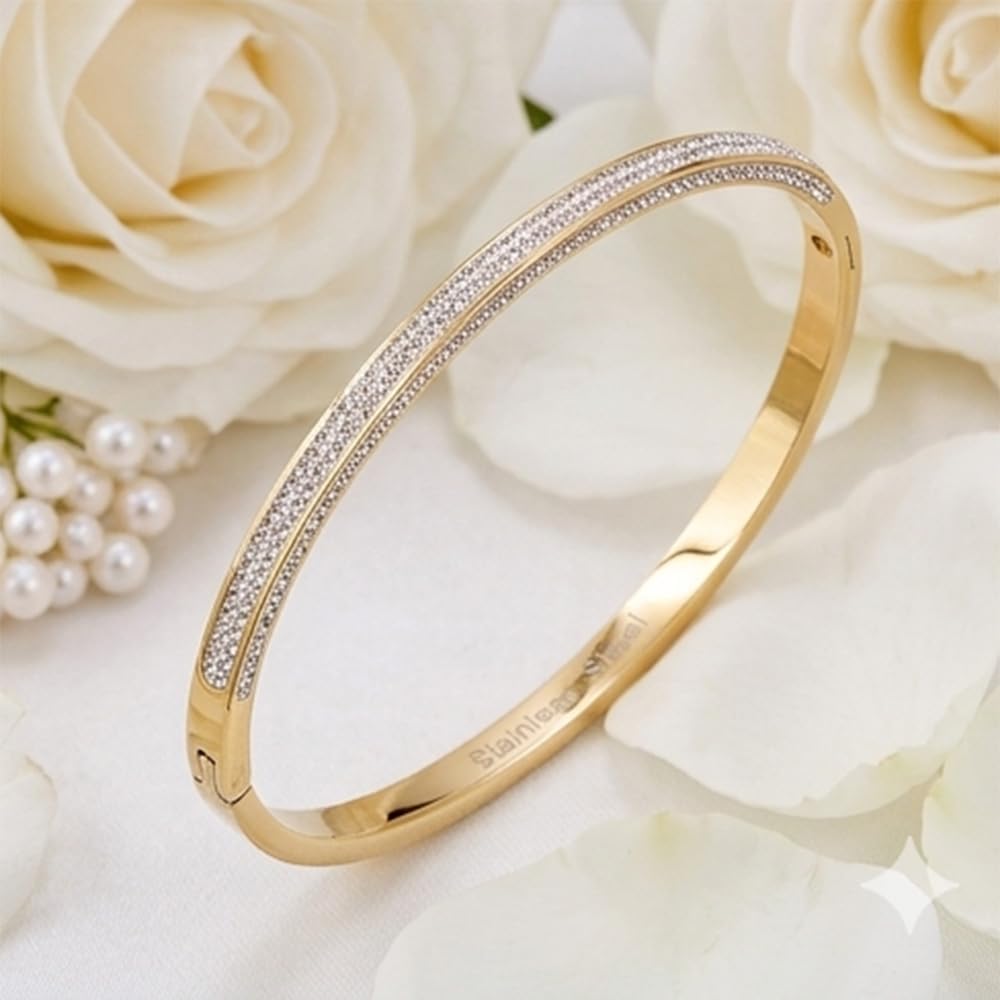 Gold Plated Stainless Steel with CZ Stones Hinged Bangle 6mm Width Bracelets fow Women 7"