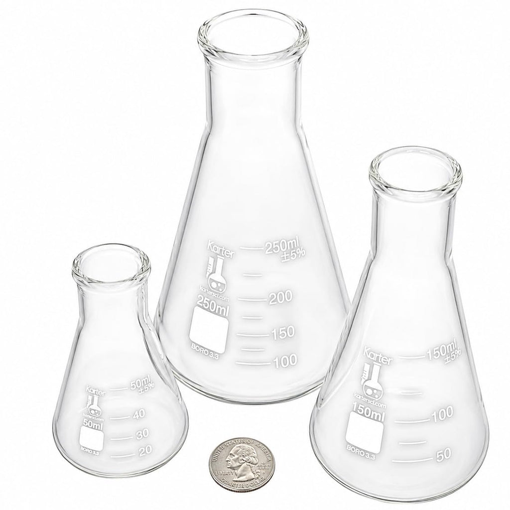 Glass Erlenmeyer Flask Set - 3 Sizes - 50, 150 and 250ml, Karter Scientific
