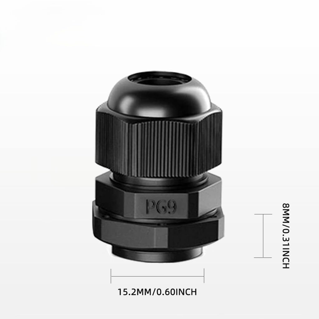 AMPELE Cable Gland 20 Pack PG9 Waterproof Adjustable 4-8mm Nylon Cable Glands Joints With Gaskets, Black(PG9)