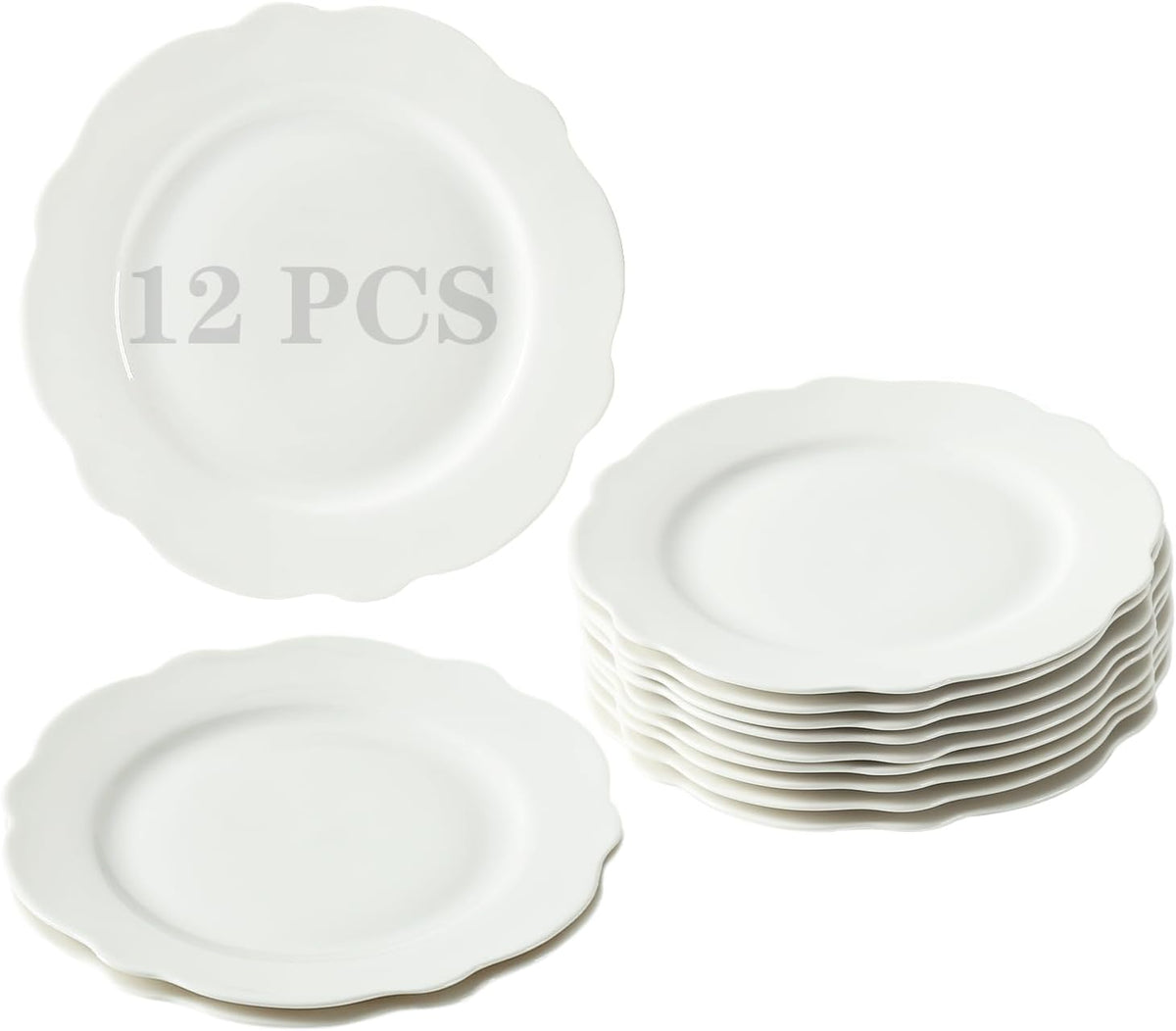 7.5” White Porcelain Small Dinner Plates Leave Wave Rim Set of 12